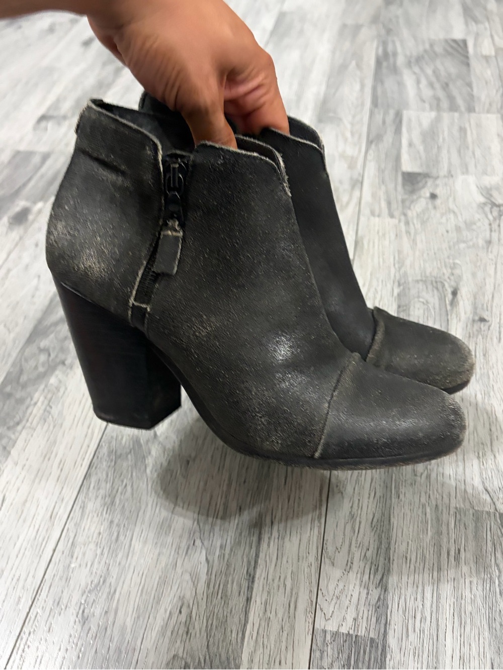 Rag & Bone Margot Black Distressed Leather Ankle Booties with Block Heel